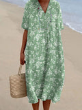 Women's Resort Style Rose Pattern Cotton And Linen V-Neck Dress