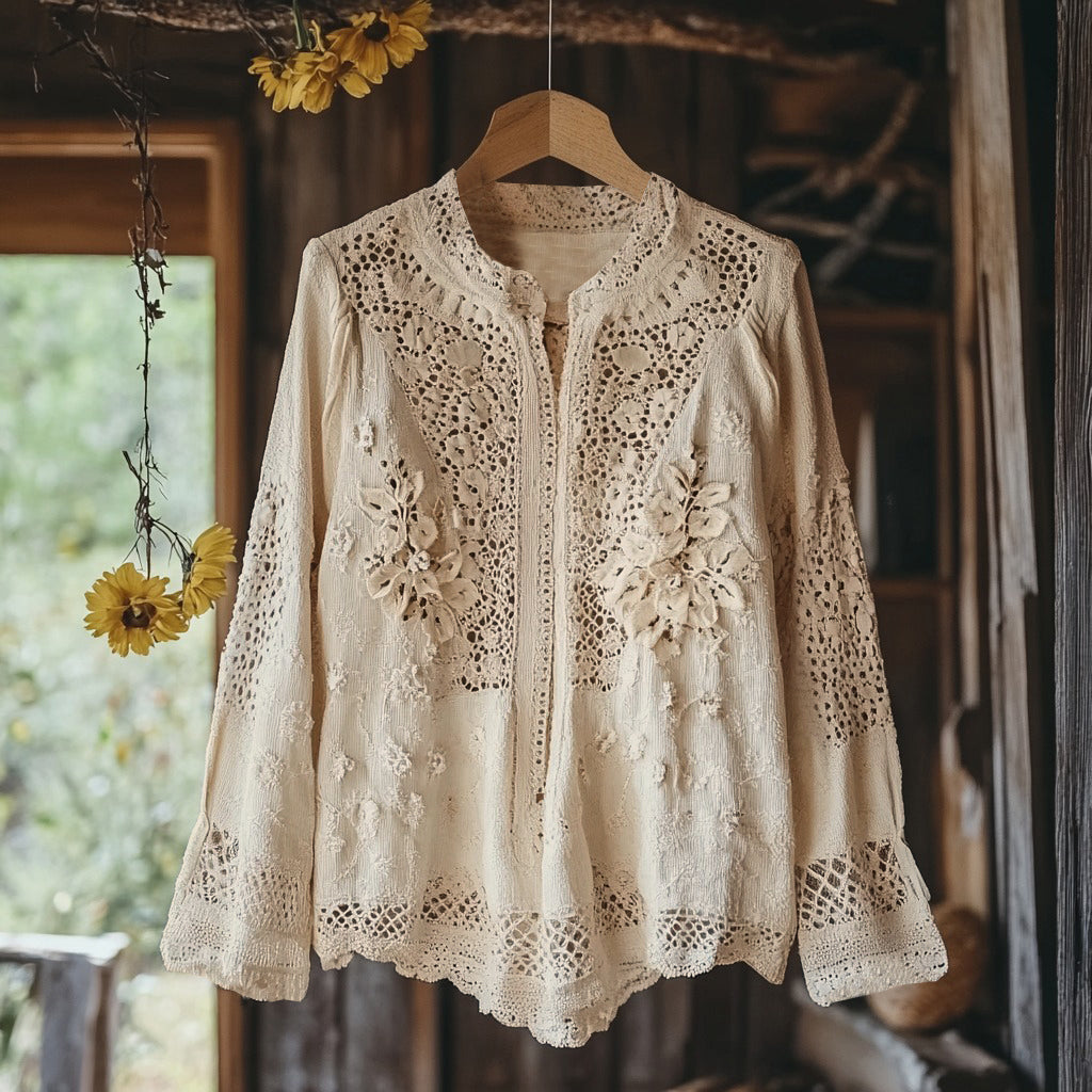 Comstylish Women's Retro Floral Lace Embroidery Art V-neck Shirt