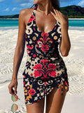 Black and Red Retro Ethnic Pattern Print Pleated Drawstring V-neck Tankini Pantskirt Set Swimsuit