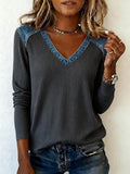 Women'S Casual Loose Patchwork V-Neck Top 