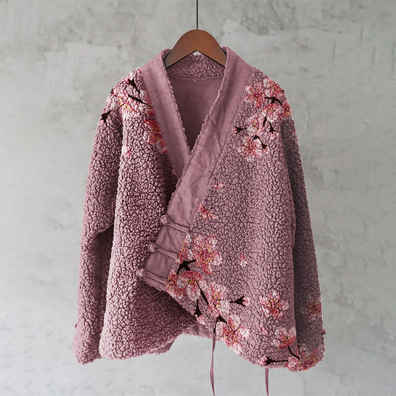Comstylish Vintage Japanese Cherry Blossom Art Pattern Plush Kimono Cardigan