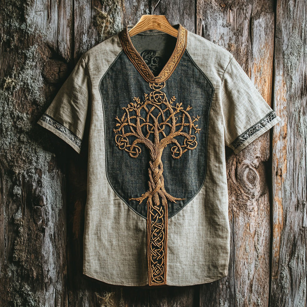 Men's Viking Life Of Tree Celtic Knot Art Linen V-neck T Shirt artswardrobe