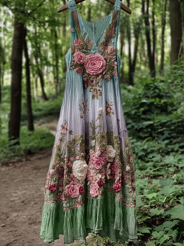Vintage Classy Boho Gradient Pink Roses Embroidered Linen Maxi Dress artswardrobe