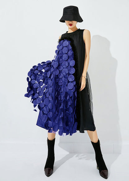 Black Asymmetrical Patchwork Wrinkled Tulle Maxi Dress Sleeveless