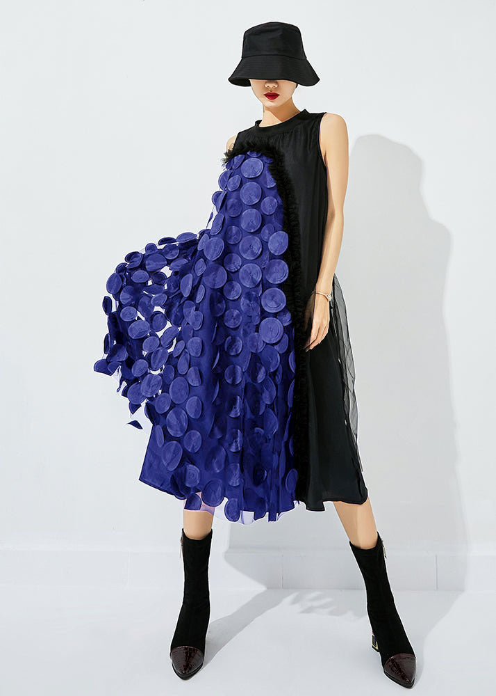 Black-blue Dot Asymmetrical Patchwork Wrinkled Tulle Maxi Dress Sleeveless
