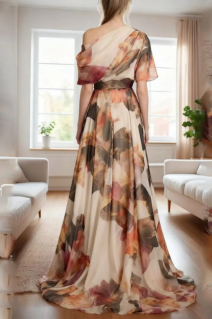 French Sky Blue Asymmetrical Print Chiffon Long Dresses Summer