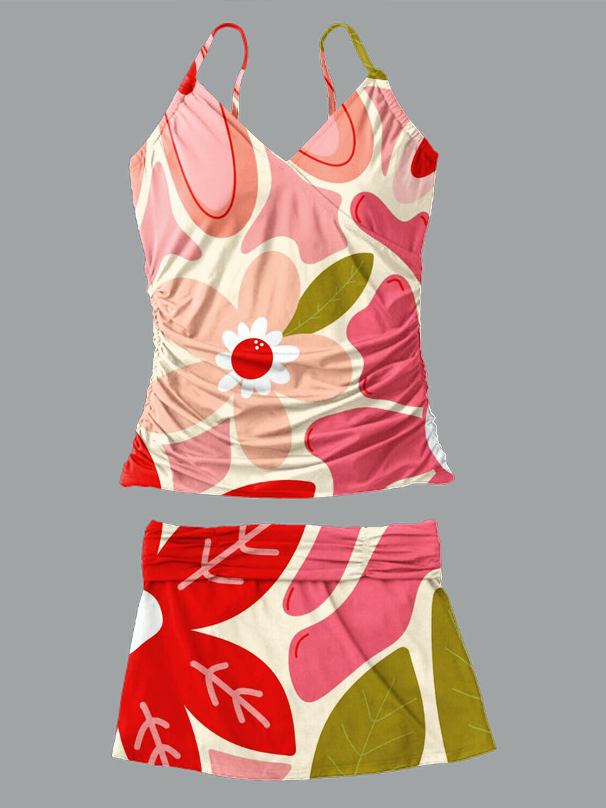 V-Neck Vintage Flowers Print Suspender Skirt Tankini Pantskirt Set Swimsuit