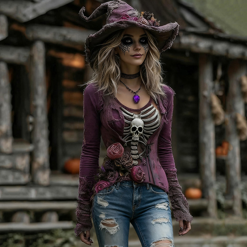 Comstylish Women's Halloween Rose Skull Witch Cosplay V-neck T-shirt