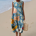 Women's Vintage Floral Embroidery Art Print Casual Crew Neck Dress artswardrobe