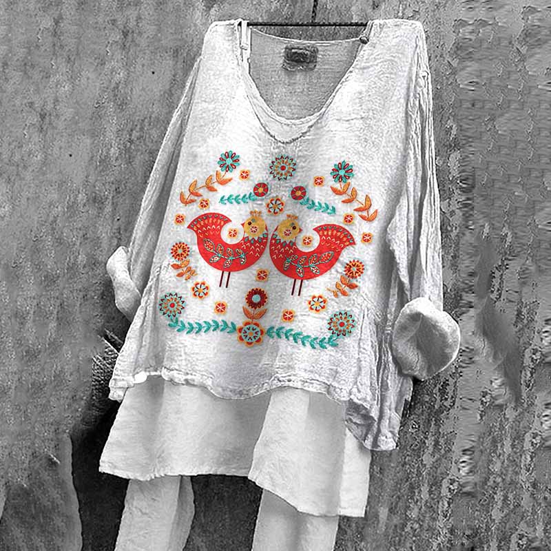Comstylish Women's Vintage Floral And Bird Art Embroidery Cotton And Linen Shirt