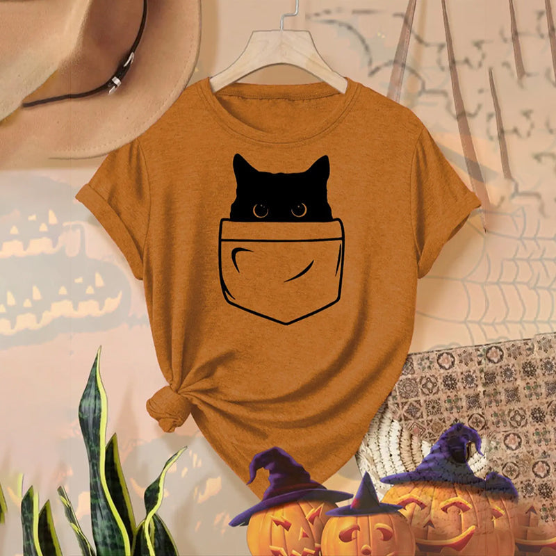Comstylish Abstract Creative Pocket Black Cat Art Print T-shirt