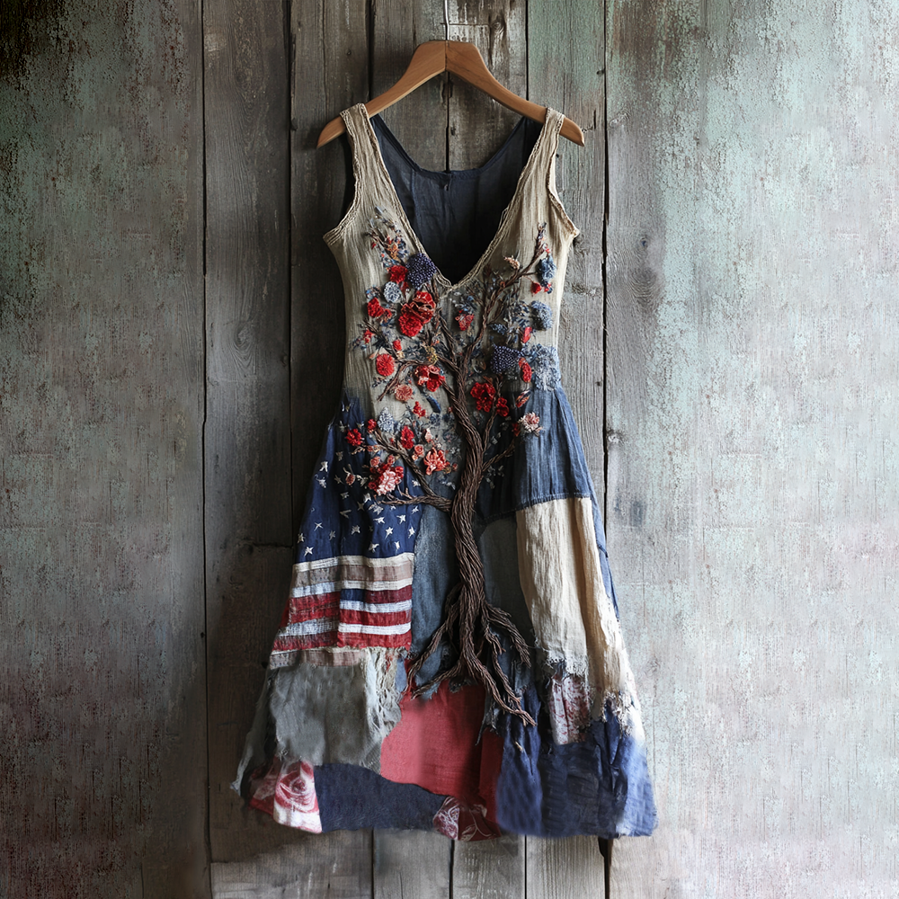 Women's Vintage Independence Day Tree Of Life Embroidered V-neck Tank Midi Dress artswardrobe
