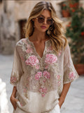 Bohemian Style Breast Cancer Awareness Three-dimensional Pink Floral Vintage Linen V-neck Short-sleeved Top artswardrobe