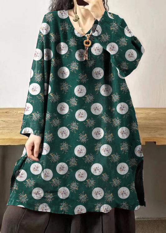 Green Polka Dots V Neck Embroidered Patchwork Linen Mid Dresses Fall