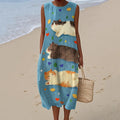 Women's Cute Cat Art Print Linen Tank Midi Dress elevenforest
