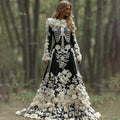 Comstylish Women's Vintage Halloween Skeleton Bones With Rose Art Cozy Knitted Warm Long Sleeve Maxi Dress