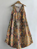 Women's Retro Ethnic Totem Pattern Print V-neck Pocket Cotton Dress