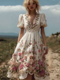 Comstylish Bohemian Style Plant Flower And Butterfly Pattern Embroidery Women's Cotton And Linen Dress