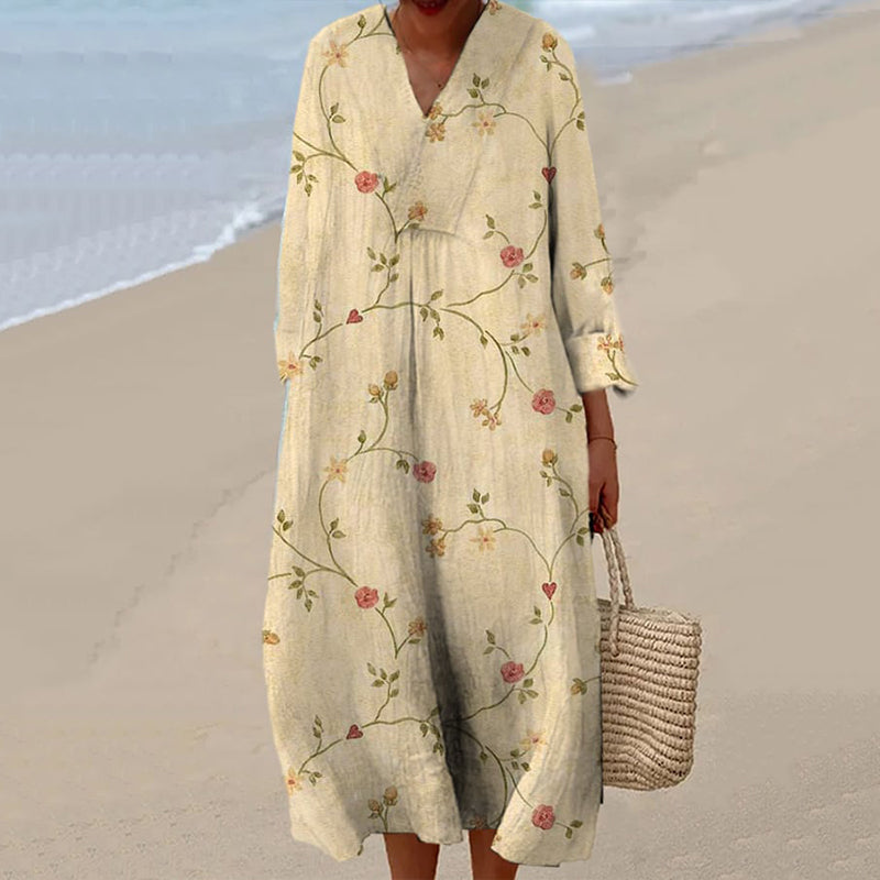 Vintage Floral Art Cotton Linen Comfy Maxi Dress artswardrobe