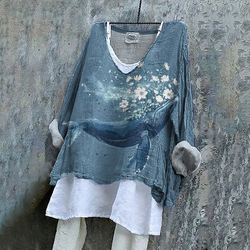Vintage Fantasy Whale In Floral Dreamy Art Pattern Linen Blend Tunic artswardrobe