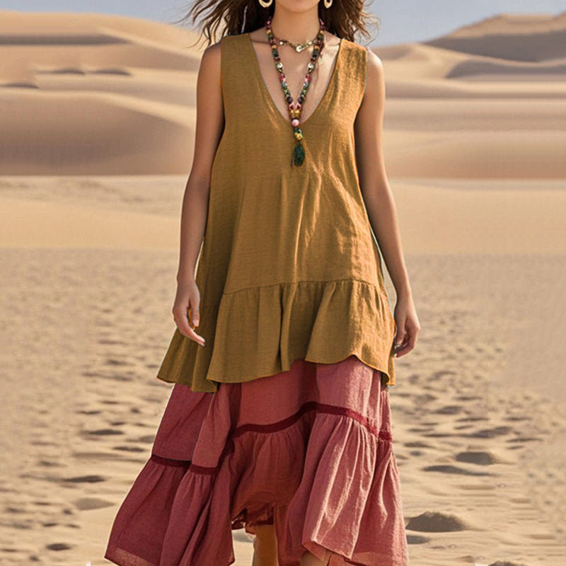 Women's Retro Casual Stitching Contrast Color Linen Sleeveless Dress artswardrobe