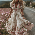 Women's Vintage Floral Embroidery Art Comfy Linen Maxi Dress artswardrobe