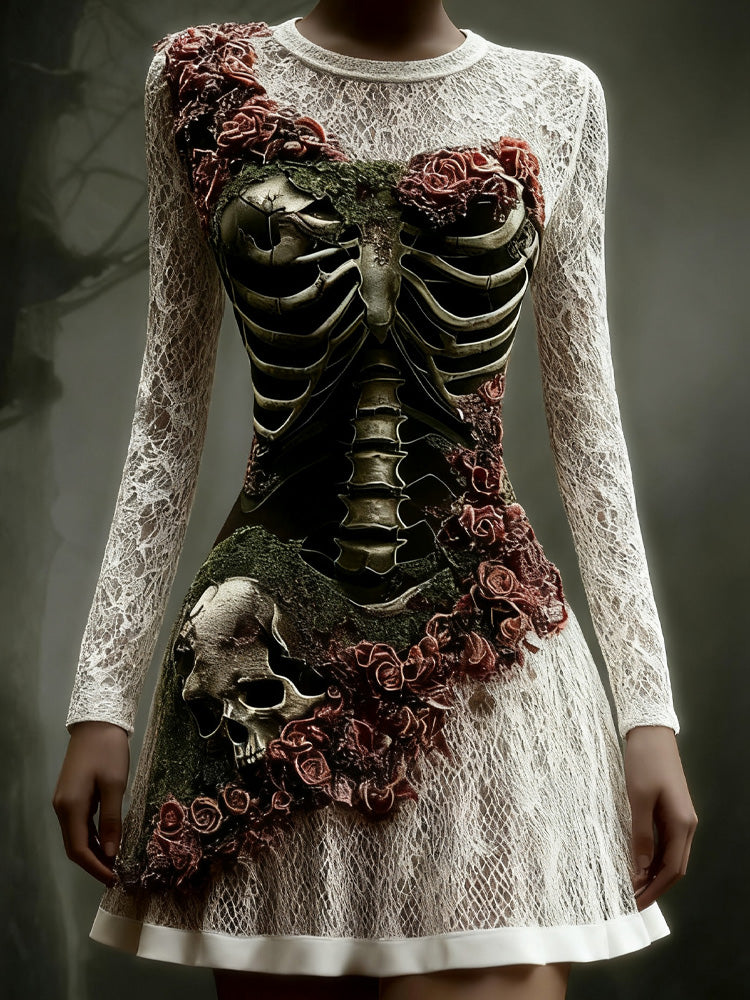 Comstylish Women's Halloween Skull Flowers Moss Witch Midi Dress