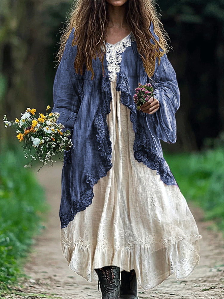 Bohemian Lace Patchwork Flowy Linen Dress artswardrobe