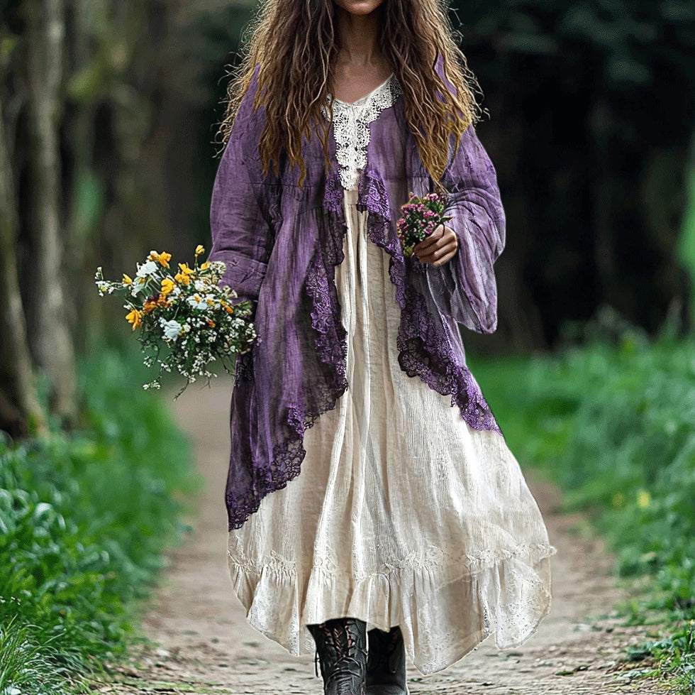 Bohemian Lace Patchwork Flowy Linen Dress artswardrobe