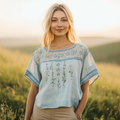 Retro Bohemian Floral Embroidery Art Graphics Linen Blend T-shirt artswardrobe