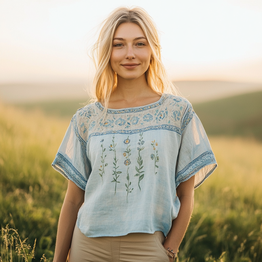 Retro Bohemian Floral Embroidery Art Graphics Linen Blend T-shirt artswardrobe