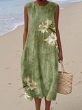 Vintage Lilies Art Pattern Comfy Linen Tank Dress artswardrobe