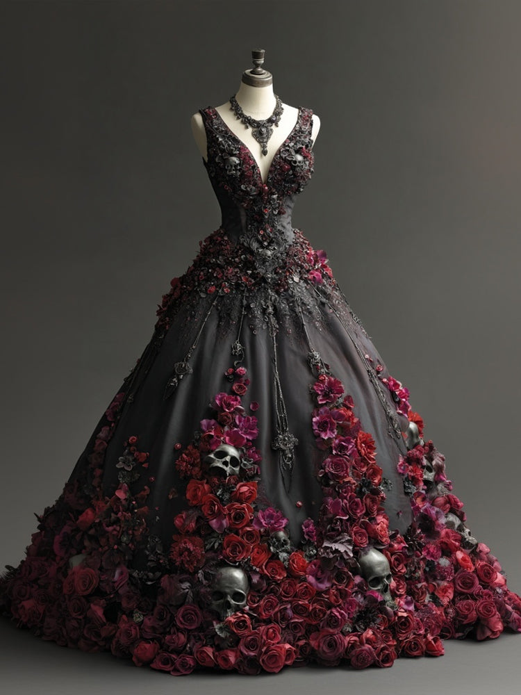 Comstylish Vintage Gothic Roses & Skulls Embroidered V Neck Maxi Dress