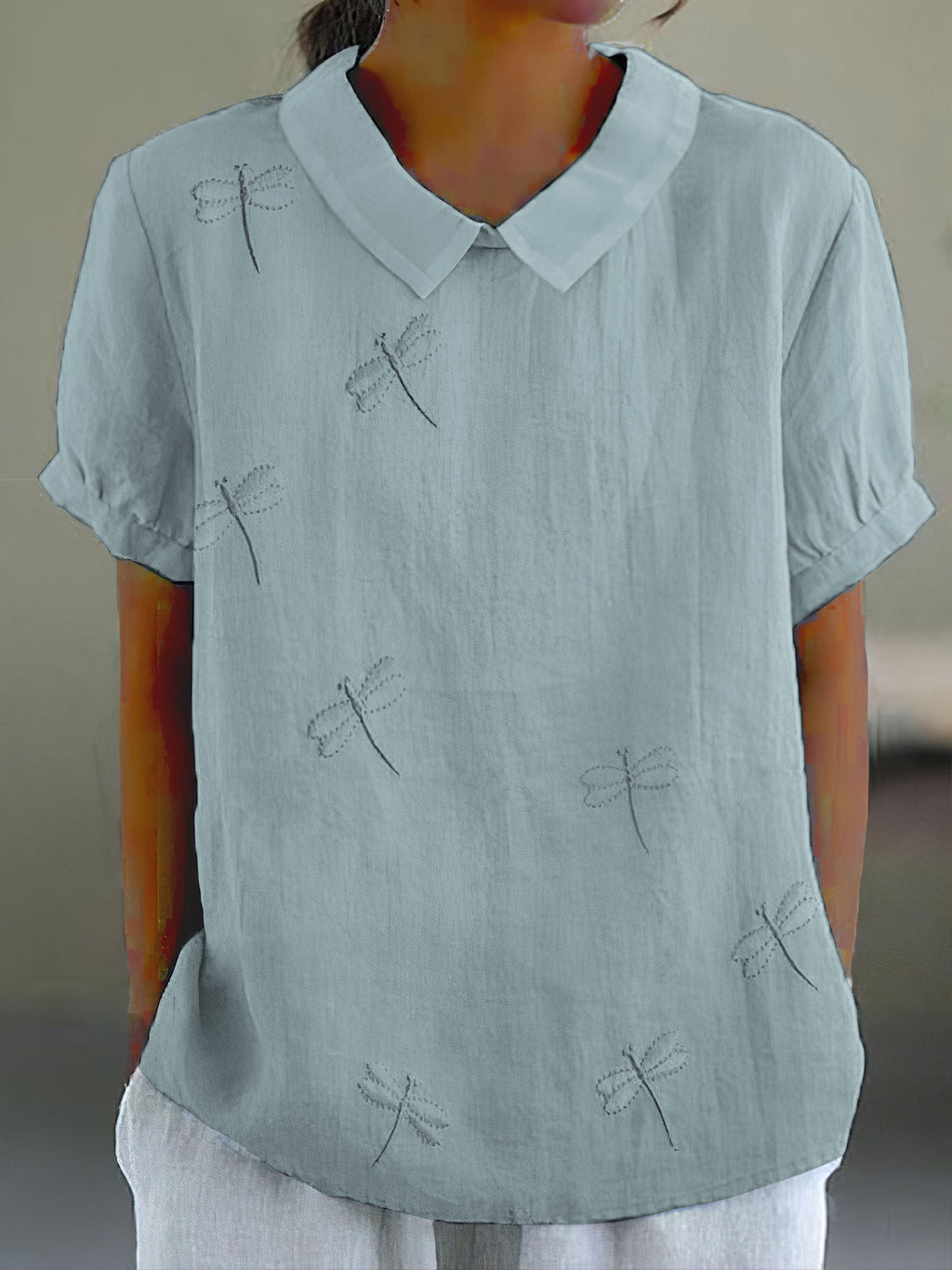 Comstylish Women's Vintage Dragonfly Embroidery Art Casual Lapel Shirt