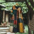 Vintage Color Block V Neck Linen Blend Midi Dress artswardrobe