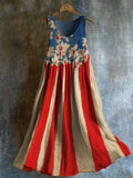 American Flag Inspired Floral Oil Painting Flowy Linen Dress artswardrobe