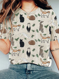 Cats & Leaves Embroidery Pattern Vintage T Shirt elevenforest