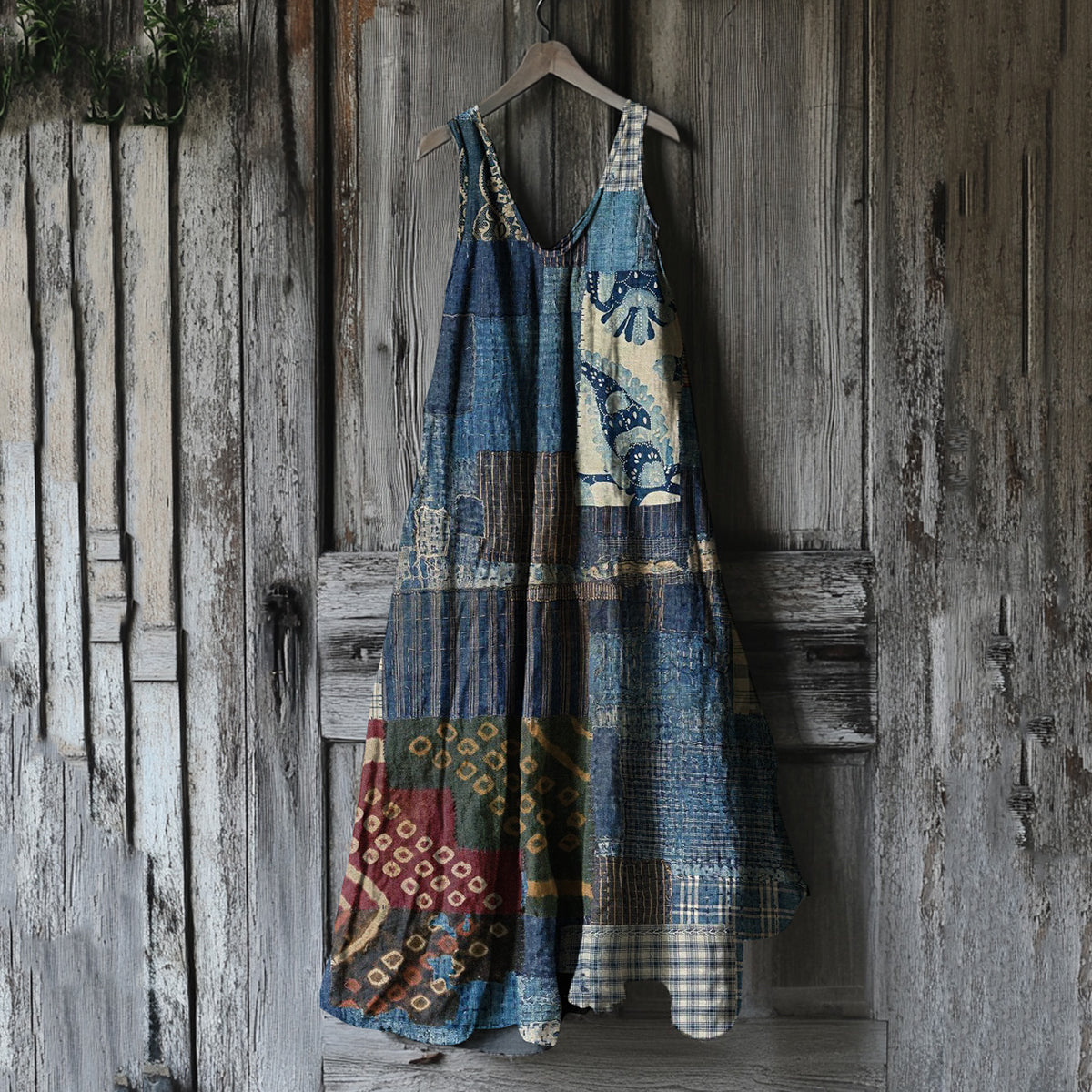 Women's Japanese Traditional Sashiko In Floral Patchwork Art Cotton And Linen Dress artswardrobe