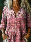 Women's Vintage Ethnic Tattoo Pattern Art Print Linen Cotton Casual Sh