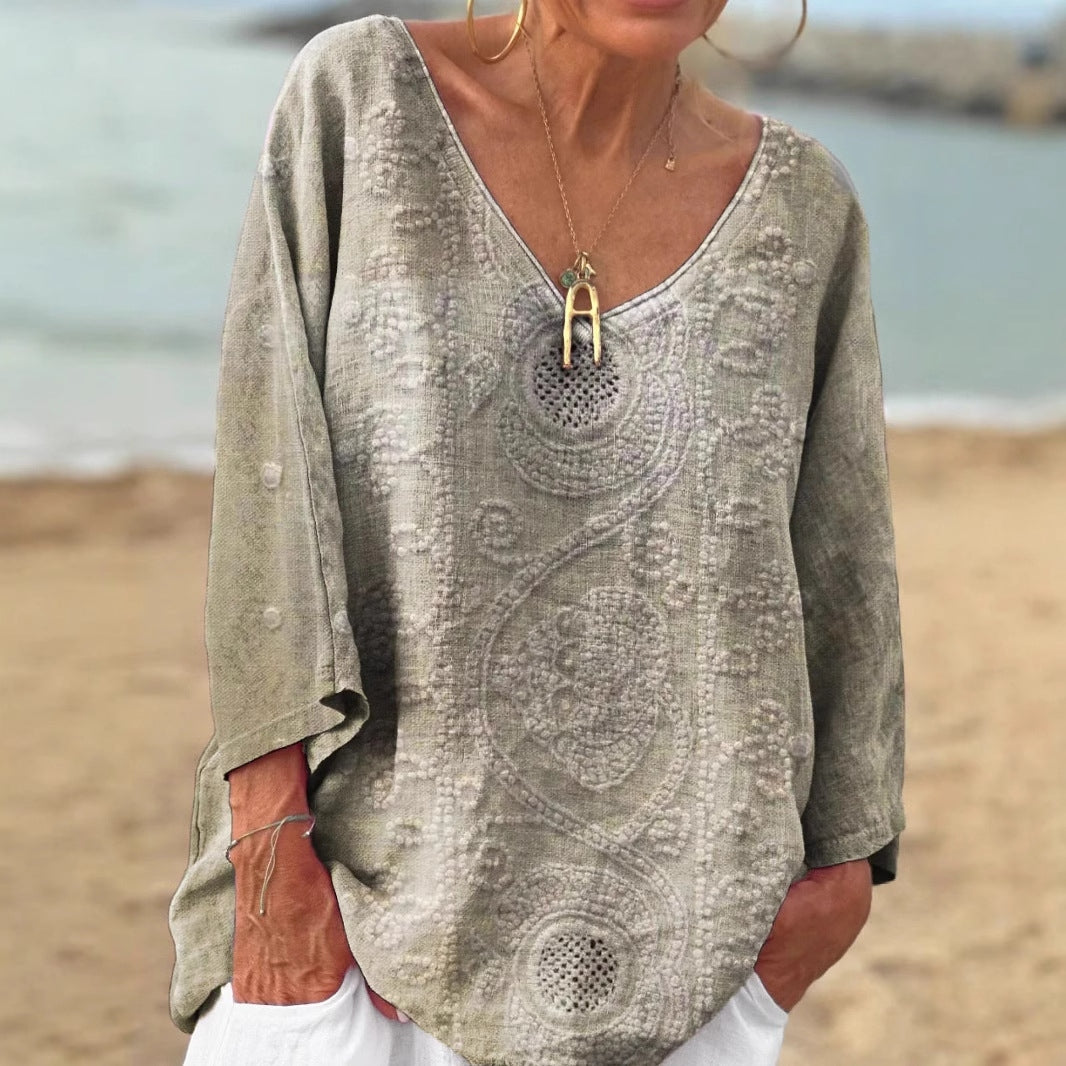 Vintage Floral Embroidered V-neck Loose Linen Blend T-shirt artswardrobe