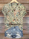 Women's Vintage Floral Art Print V-neck Casual T-Shirt
