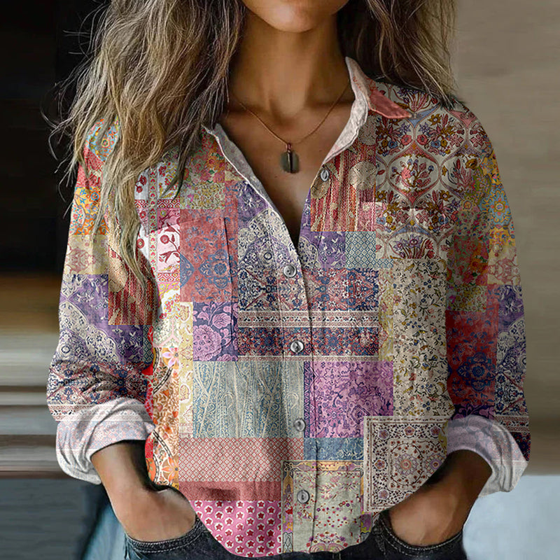 Vintage Violet Patchwork Art Cotton Linen Shirt artswardrobe