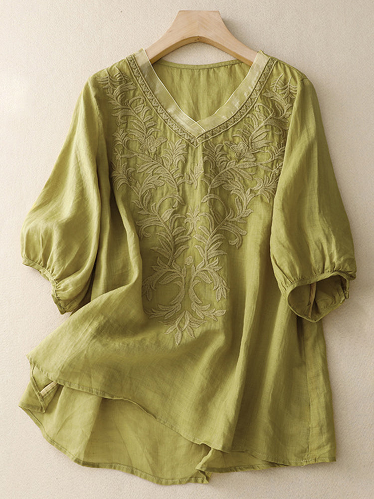Comstylish Women's Embroidery Pattern Linen Blend Comfort Shirt