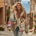 Comstylish Women's Vintage Patchwork Floral Art Cozy Knitted Zip-up Hoodie