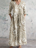 Vintage Floral Lace Embroidered V Neck Linen Blend Maxi Dress artswardrobe
