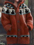 Black Cats Pattern Cozy Knit Hooded Cardigan artswardrobe