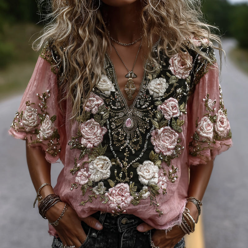 Women's Classic Romantic Pink Rose Embroidery Art Comfy Linen Shirts artswardrobe