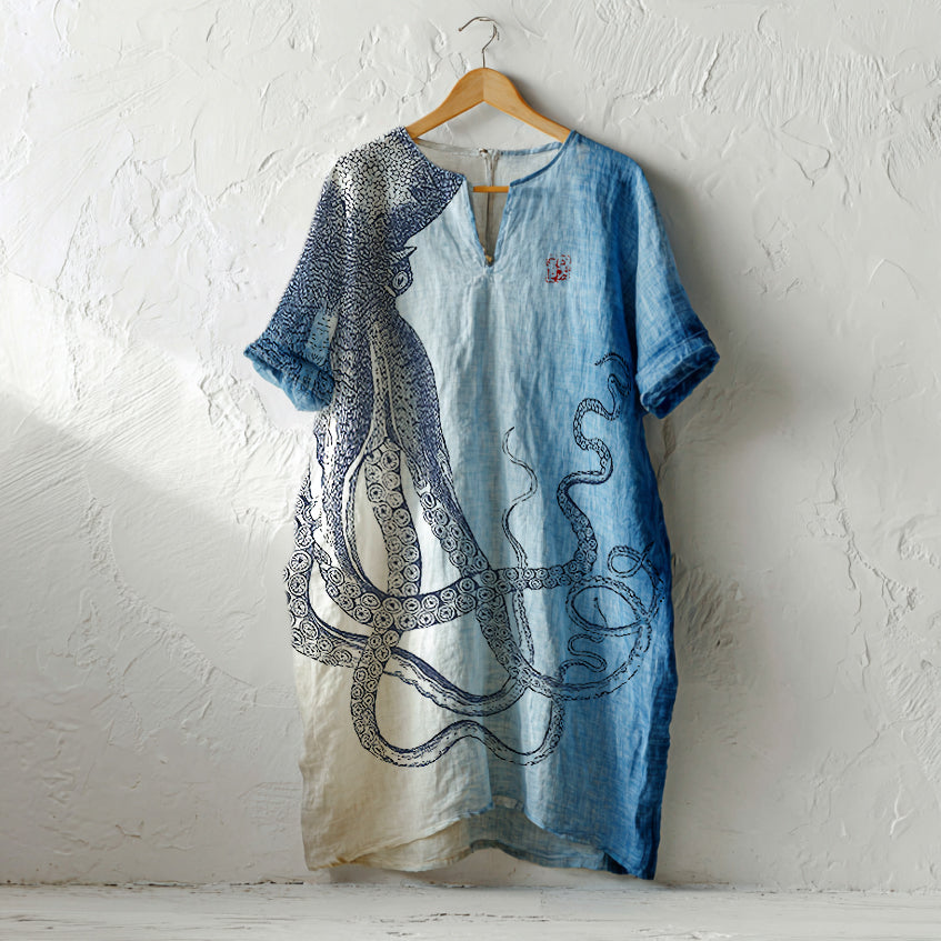 Japanese Octopus In Gradient Art Linen Tank Dress artswardrobe