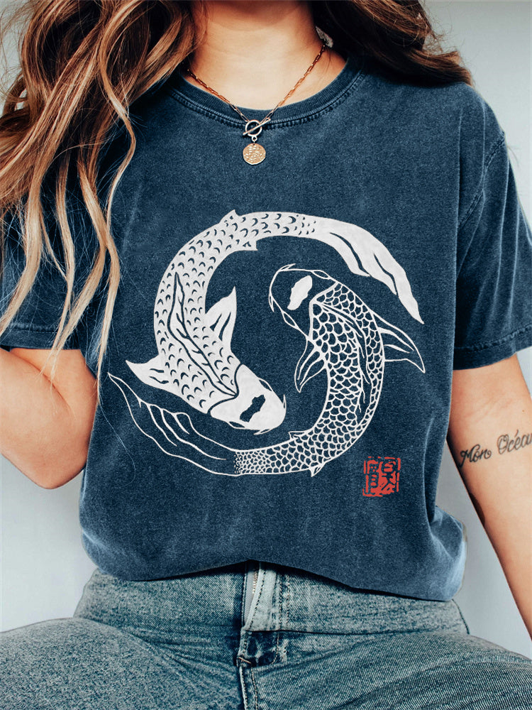 Comstylish Carp Fish Contrast Japanese Lino Art Vintage T Shirt