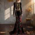 Comstylish Women's Halloween Red Rose Skeleton Velvet Round Neck Maxi Dress